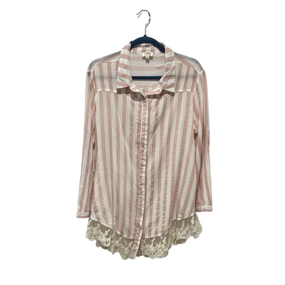 Umgee powder pink and white stripe long sleeve button down lace trim M - Picture 1 of 9